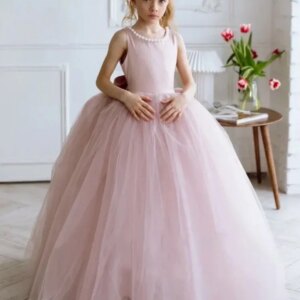 Pink Tulle Pearls Neck With Bow Belt Sleeveless For Wedding Birthday Party Banquet Princess Gowns Flower Girl Dresses Dusty