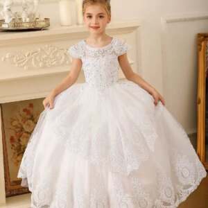 Princess Dress Beaded Lace Appliques Flower Girl Dress First Communion Ball Gown Kids Pageant Prom Dresses Wedding Dress