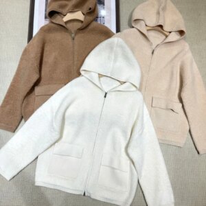 Women Cashmere Zipper Hooded Cardigan Autumn L*P Double Pockets Long Sleeve Casual Female Knitted Sweater