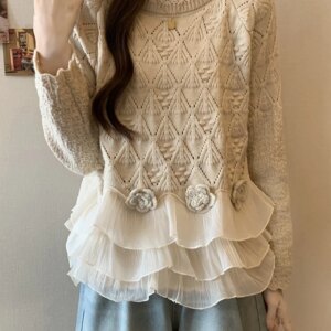 Women’s Autumn Sweater 2024 New Korean Version Sweet Knitted Fashionable Loose Slimming Thick Rose Lace Edge Top SW010