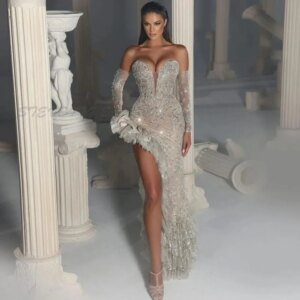 Modern Mermaid Prom Dresses Long Sleeves V Neck Appliques Sequins Beaded Floor Length Zipper 3D Lace Side Slit Evening Gowns