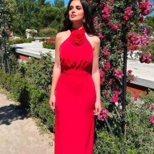 3D Flowers Prom Dress Elegant Pleat Elastic Waistband Evening Dress Long Halter Sleeveless Wedding Birthday Party Cocktail Dress