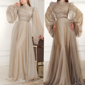 Customized Satin Pleat Sequined A-line High Collar Long Dresses Prom Dresses Classic Exquisite Simple Sparkle Intricate