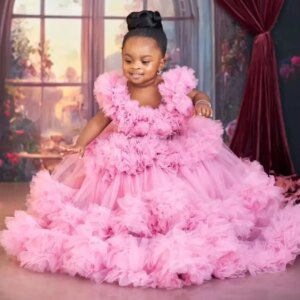 Luxury Pearls Kids Birthday Party Dresses Customized Pink Ruffles Flower Girl Dresses for Wedding Baby Girls Photoshoot Gowns