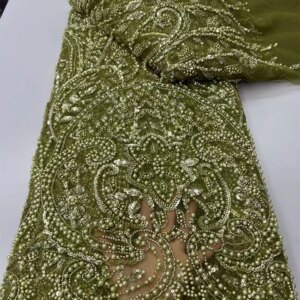 Green African Tuule Lace Fabric 2025 High Quality Sequins Embroidery French Beaded Tulle Laces For Wedding Party Dresses W526-1
