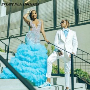 EVLAST Customized Sexy Blue Mermaid Prom Dress For Black Girls Ruffles Diamonds Crystal Beaded Party Dress Evening Gown E3P53
