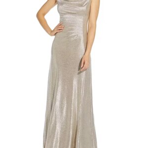 Customized Simple Metallic High-neck Dress, Hood Neckline, Draped Cap Sleeves At The Back, Waist-cinching Silhouette Dress