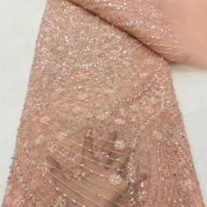 Peach African Bead Lace Fabric French Bridal Sequins Lace Fabric 2024 Luxury Nigerian Tulle Lace Fabric for Wedding Dress Q168-1