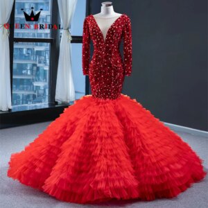 Exquisite V Neck Evening Dresses Sexy Mermaid Crystal Red Floor-Length Prom Gowns 2023 New Robes De Soirée Custom Made ZX26