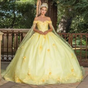 Customized Yellow Princess with Cape 15 Quinceanera Ball Gown Flower Appliques Tull Off the Shoulder Lace up Vestidos De