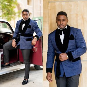 Blue Wedding Tuxedos 2 Pcs For Men Floral Jacquard Formal Blazer Pants Suits With Belt Plus Size Custom Made Party Show Suits