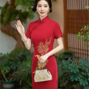 Women’s long slim-fit silk cheongsam mid-length daily wear