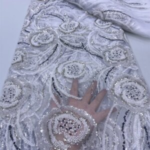 White High-end Heavy Beaded Fabric 2024 Latest African Luxury French Sequins Groom Embroidery Lace Fabrics For Dresses Sewing