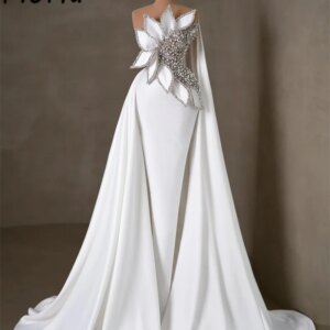 Couture White Mermaid Wedding Dress with Overskirt and Cape 3D Leaves Crystal Bridal Dresses Formal Ceremony Party Gowns Vestido