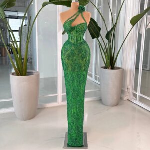 Elegant Green One-Shoulder Mermaid Prom Dress Sleeveless Evening Dress 3D Flower Crystal Beaded Celebrity Dress Customized