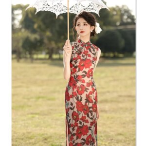 Fashion Improvement Young Girl’s Long Sleeveless Cheongsam Qi Pao Spring and Summer New Chinese Style Daily