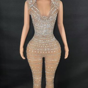 Transparent Leggings Stretch Costume Performance Outfit Sexy Skinny Sequins Mirrors Jumpsuit Dance Wear