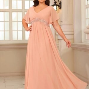 Plus Size Short Sleeves Mother of The Bride Dresses for Curvy Women V Neck Formal Dresses with Pockets Bridesmaid Dress Gowns