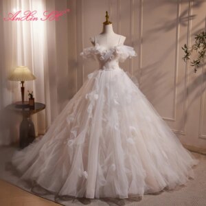 AnXin SH princess white lace spaghetti strap sleeveless beading rose flower crystal lace up ball gown customized evening dress