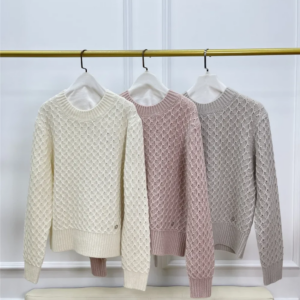 Autumn Winter Women’s Cashmere Sweater Plaid Round Neck Long Sleeve Solid Color Loose Ladies Knitted Pullover