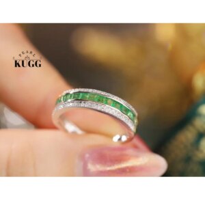 KUGG 100% 18K White Gold Rings Natural Diamond Natural Emerald Engagement Ring for Women Elegant Shiny Design Wedding Jewelry