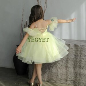 CustomizedSunshine Yellow Off-Shoulder Flower Girl Dress: Elegant Lace Applique & Full Tulle Skirt | Wedding, First Communion, C