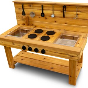 XL Cedar Outdoor Mud Kitchen Centered with Backsplash and Stovetop for Toddlers Kids | Pretend Play Table | Sensory Table | Outs