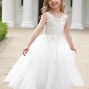 Flower Girl Dresses Princess Dress White Tulle Tiered Appliques Sleeveless For Wedding Birthday Party First Communion Gowns