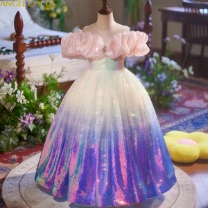 Luxury Lilac Beauty Contest Dresses Beading Sequined Gorgeous Formal Princess Evening Gown Kids Wedding Birthday Dinner Party