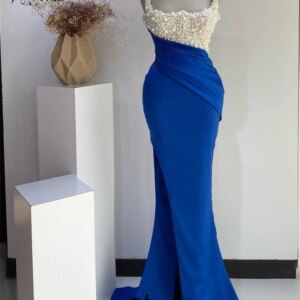 Spaghetti Strap White Pearls Beaded Evening Formal Dress Side Slit Mermaid Prom Dresses Custom Made Blue Long Cocktail Dress