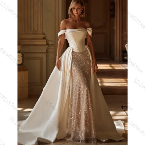 Elegant Off The Shoulder Evening Dress with Detachable Satin Long Wedding Dresses for Women Custom Bridal Gown