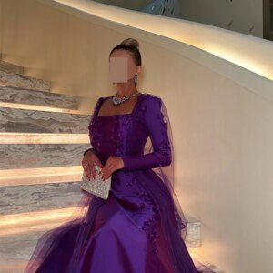 Customized Evening Dress Exquisite Purple Satin Square Collar Off the Shoulder Long Sleeves Appliques Pearls Ruched Prom Gowns