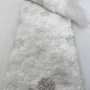 5 Yards African Beads Lace Fabric 2025 High Quality 3D Flower French Mesh Tulle Embroidery Wedding Bridal Lace Dress Sewing