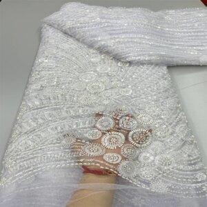 2025 New African French Nigerian Lace Fabric With Beads Sequins Mesh for Embroidery Wedding Party Bride Sewing Dress