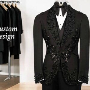 Black Sequined Appliques Beading Men Business Formal Occasion Tuxedos Grooms Wedding Party Prom Male Suit 2 Piece Blazer Pants