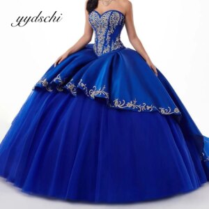 Embroidery Quinceanera Dresses Deep Blue Party Elegant Court Trian Evening Prom Dress for Women Birthday Tulle 2025 Ball Gown