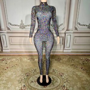 Sexy Skinny Sequins Mirrors Jumpsuit DanceWear Transparent Leggings Stretch CostumeOutfit Performance Outfit