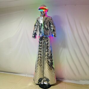 Hot Sale Mirror Costume Red Stilts Walker Silver Gold LED Robot Suit Costume for DJ Party Performance Show Dance Party