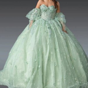 Mint Green Shiny Princess Quinceanera Dresses Off Shoulder Applique Beads Tull Puff Sleeve Sweet 16 Dress Ball Gown Vestidos 15