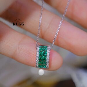 KUGG 100% 18K White Gold Necklace Luxury Geometric Design Natural Diamond Natural Emerald Necklace for Women High Birthday Gift