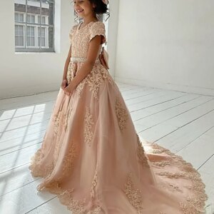 Tulle Pageant Dresses Short Sleeves Girls Ball Gown with Bow princess dress Girls Flower Girl Dress for Wedding Appliques