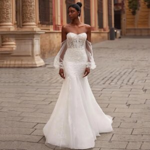 Puff Sleeves Lace Mermaid Wedding Dress Off The Shoulder Appliques Bridal Gown Sweethearts Backless Tulle Robe De Mariee