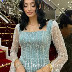 CHUJIE Beaded Prom DressDubai Saudi Arabia Muslim Evening Dress Long Sleeves High Neck Customized Evening Dresses Formal Gowns