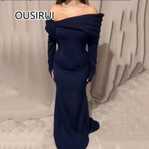 Modest Off-Shouler Satin Solid Sheath Arab Evening Gown Floor-Length Court Prom Evening Dress with Long Sleeve Customized
