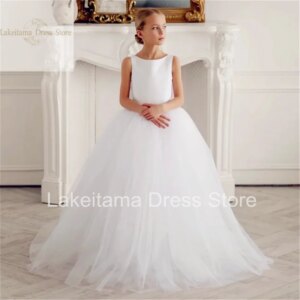 First Communion Gowns White Flower Girl Dresses Elegant Tulle Puffy Bow Sleeveless For Wedding Party Kids Birthday GIft