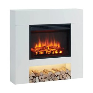 Modern Electric Fireplace 37″ Mantel Surround 23″ Insert Heater Remote Control Cream White Wood Finish Built-In Timer