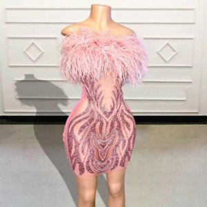 Luxury Pink Short Prom Dresses Luxury Black Girls Rhinestone Beaded Feathers Mini Cocktail Gowns for Birthday Party Customized