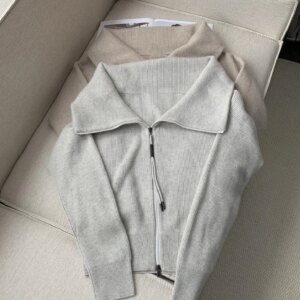 Autumn Women’s Cashmere Cardigan Beaded Zipper Turn-down Collar Long Sleeve Casual Ladies Knitted Sweater