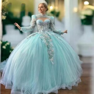 Customized Sea Sky Blue Quinceanera Dresses for Tull lace High Neck Puff Sleeves Appliques Rhinestones Princess Ball Gown