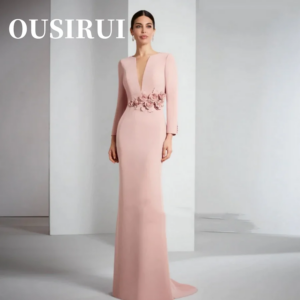 Long Sleeve Mother Of The Bride Dresses Pink Satin Wedding Party Dress 3D Flower Court Train Prom Dresses Custom Evening Gown